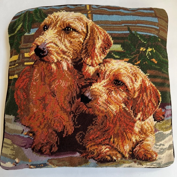 2 Dogs NeedlePoint Tapestry Pillow Cushion Cover Brown Velvet Back Zip Country - Picture 6 of 6